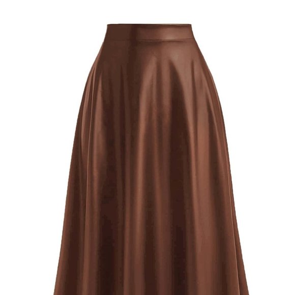 . Dresses & Skirts - Coffee Brown Preppy Womens Plus Solid PU Leather Flare Skirt